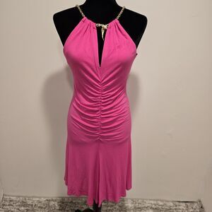 Cache Y2K Hot Pink Party Dress Medium Barbi Snake Chain Neckline Club Designer